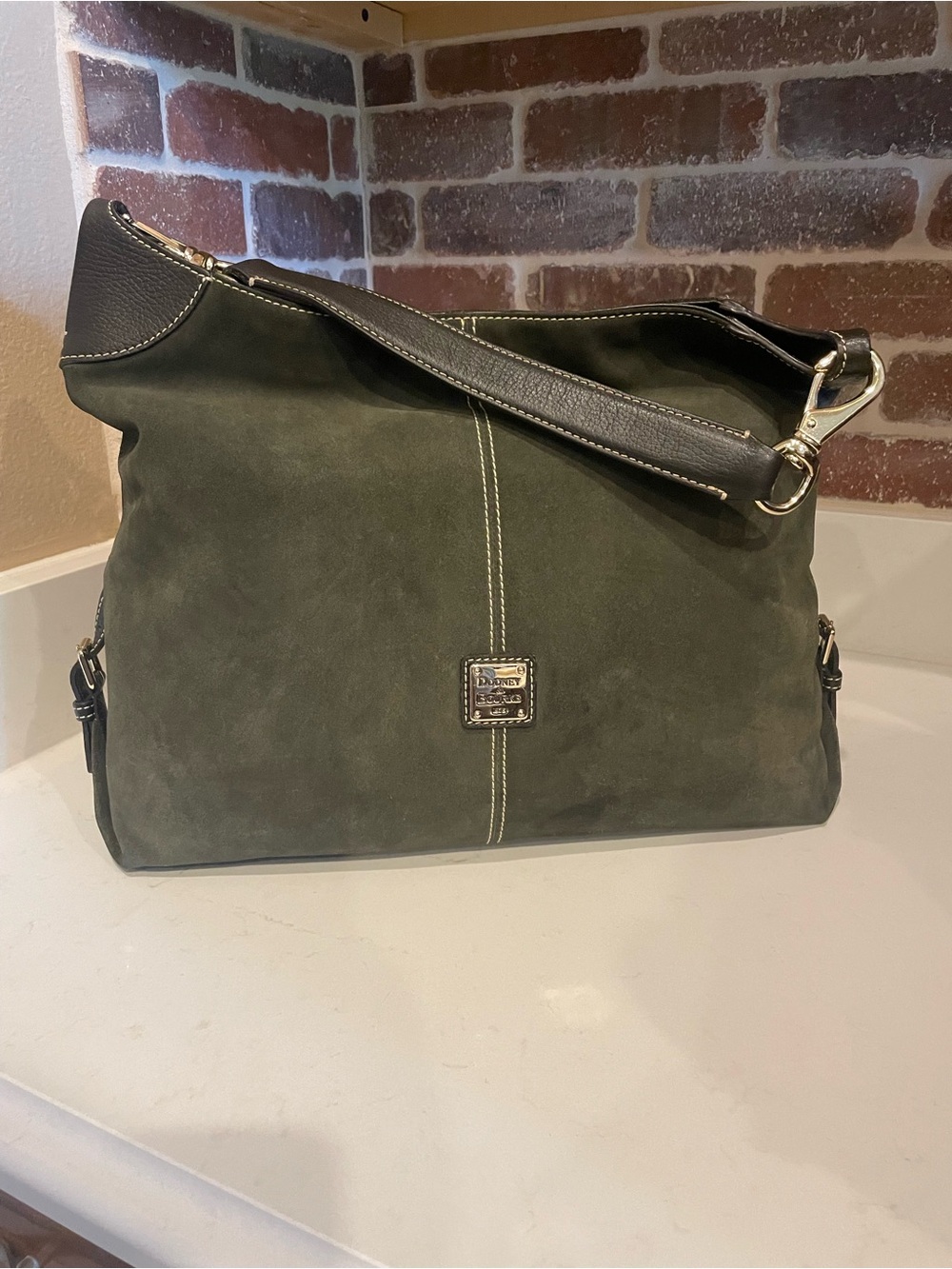 Dooney & Bourke Olive Suede Shoulder Bag with Dark Leather Trim